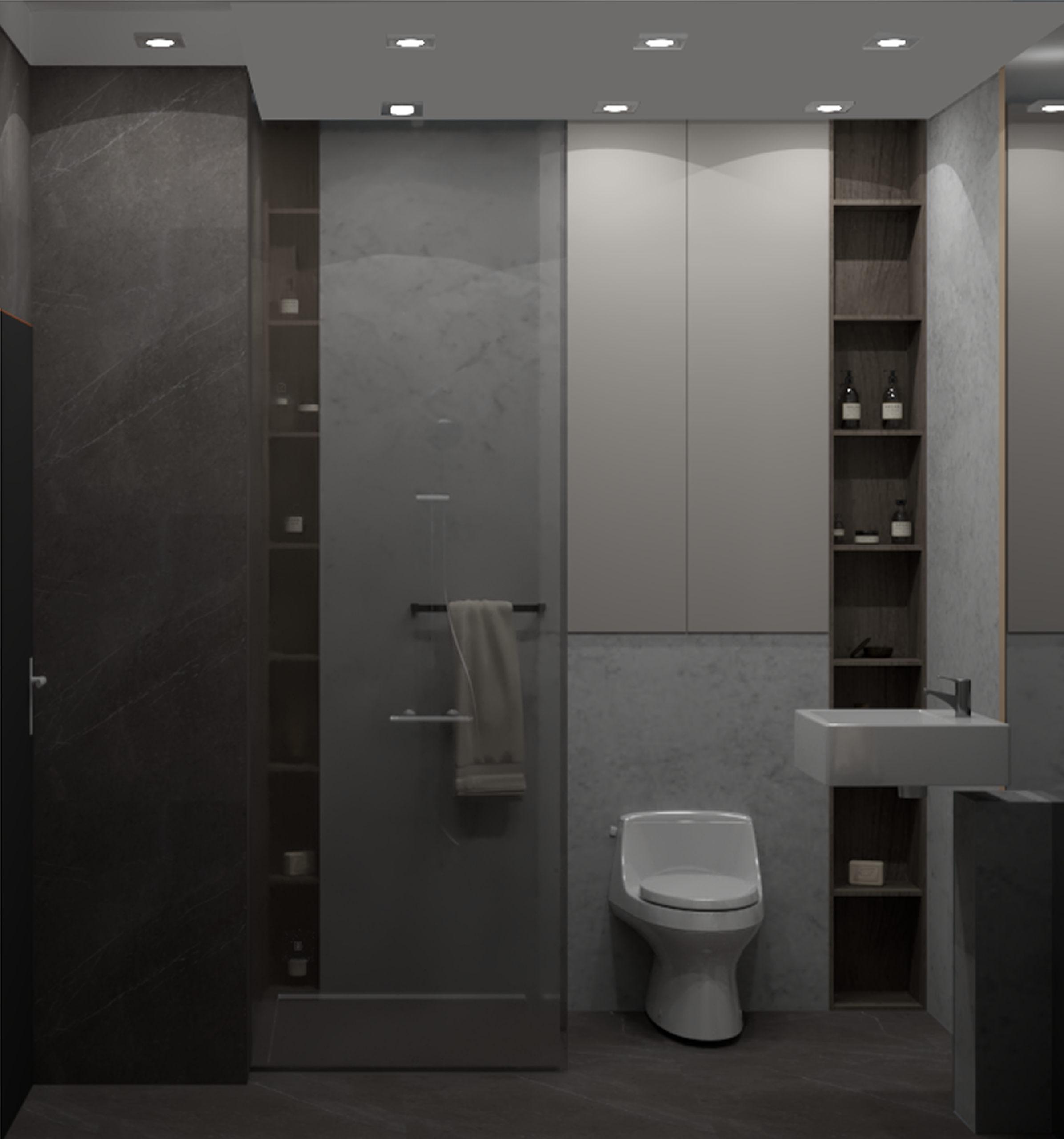 Minimalist modern bathroom in gray and beige tones with clean lines and natural textures Liza Tregouet Interiors Heart of the Capital