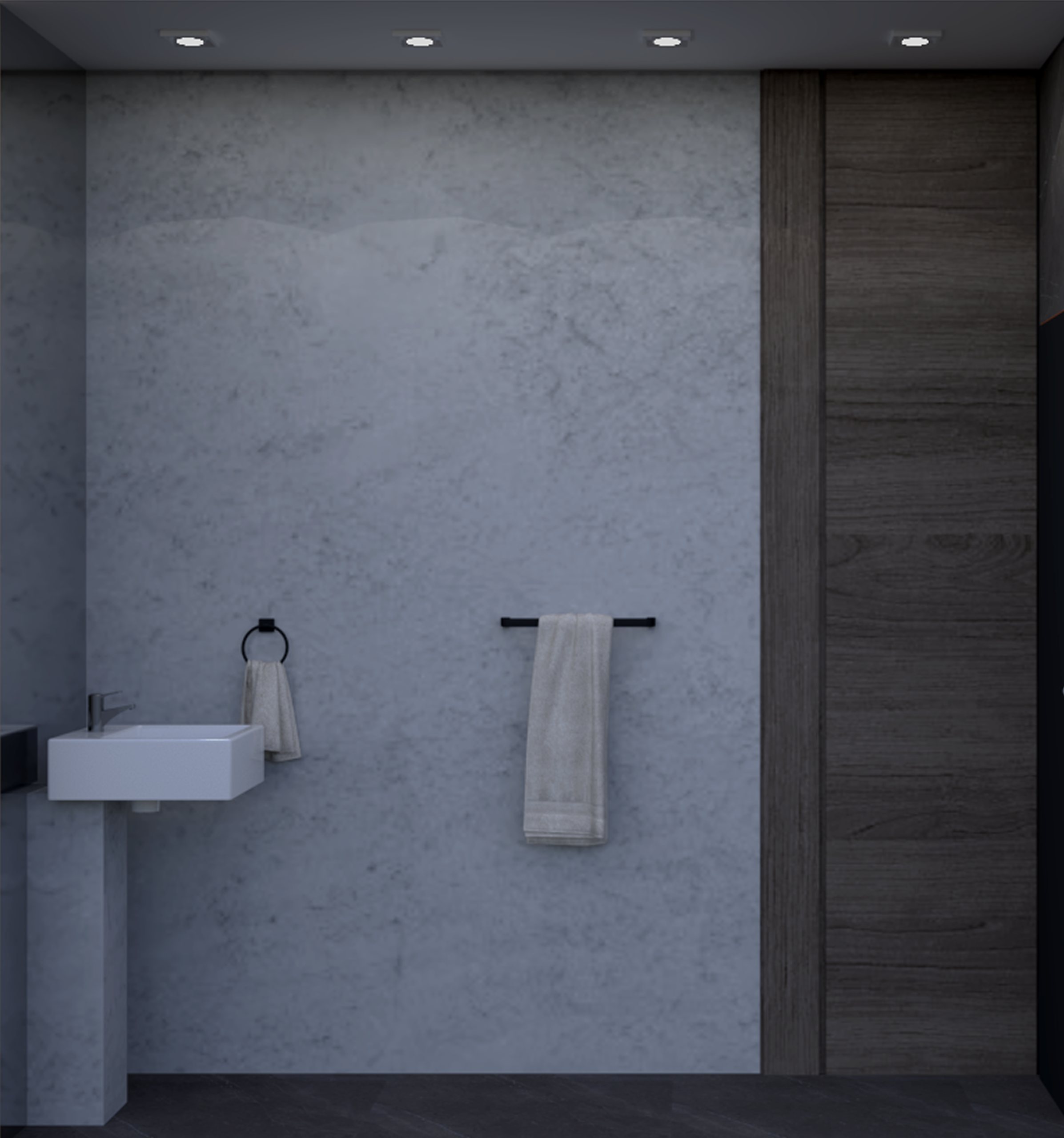 Minimalist modern bathroom in gray and beige tones with clean lines and natural textures Liza Tregouet Interiors Heart of the Capital
