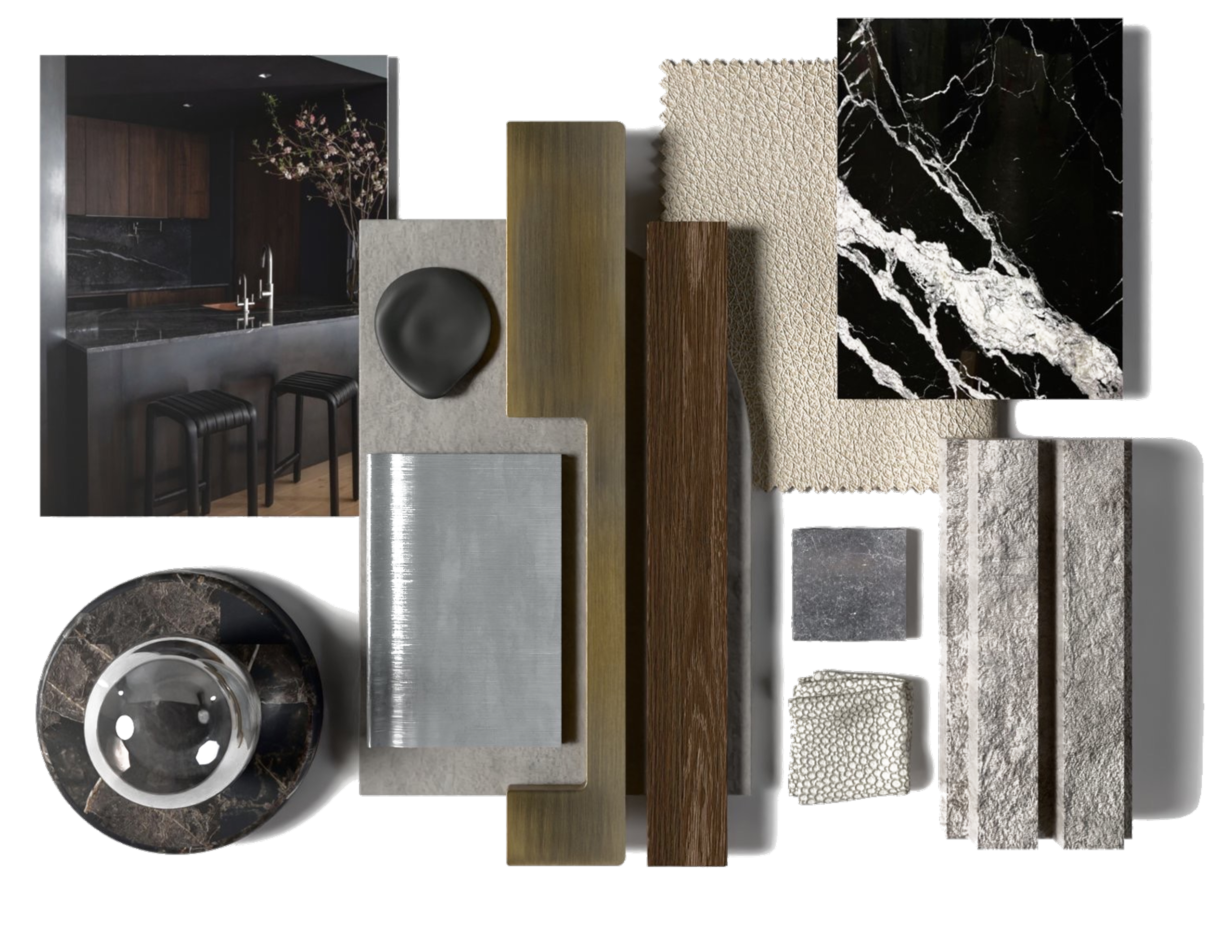 Kitchen mood board with marble, stone, glass and natural wood in black, brown and grey tones with gold accents, Heart of the Capitalm Liza Tregouet Interiors, Interior Designer, Luzern, Zurich, Bern, Basel, Switzerland