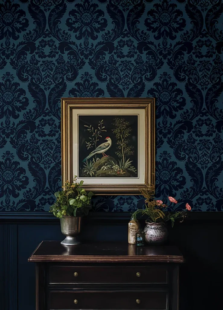Shadow Blue Flocked Damask Wallpaper by Brewster LT Interiors
